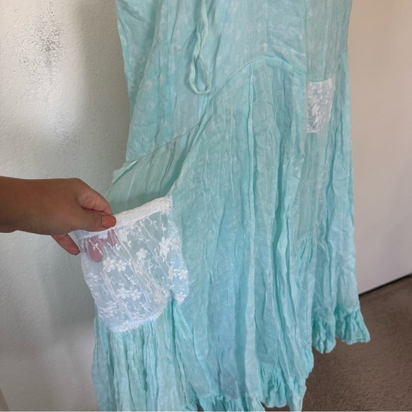Boho Light Blue Shirt Dress White Lace Pockets L/XL Summer 100 % COTTON 🔥 - Picture 5 of 12